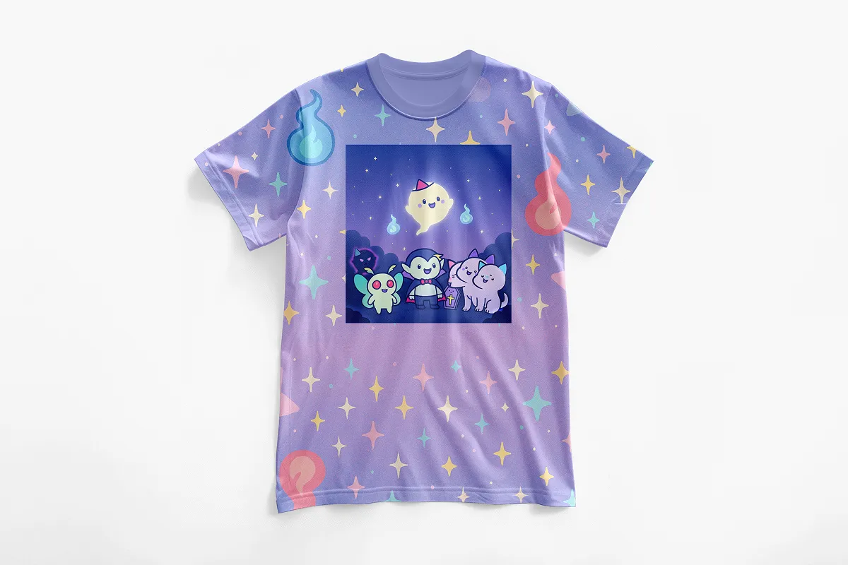 ゆるオバケじてんの表紙を使用している夜空をイメージした青と紫のグラデーションのTシャツの写真です