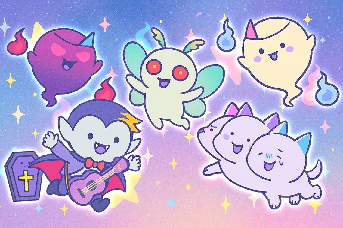 星空を背景にゆるオバケたちが集まっている壁紙です